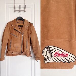 All State • brown leather motorcycle jacket insulated lined moto Indian logo